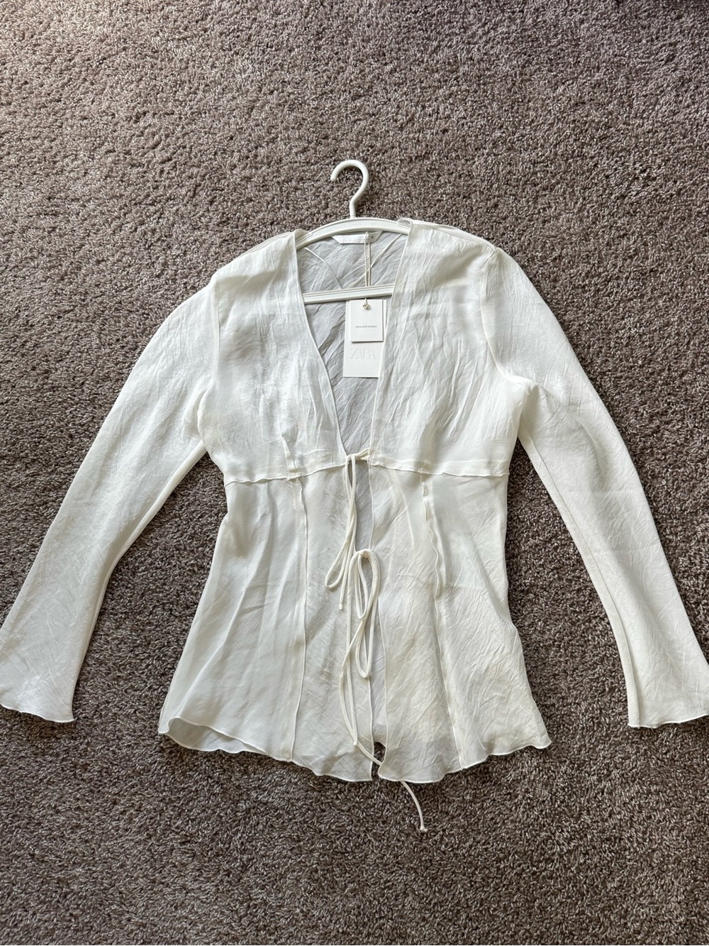ZARA ZW Collection Tie Blouse Oyster White NWT Size L